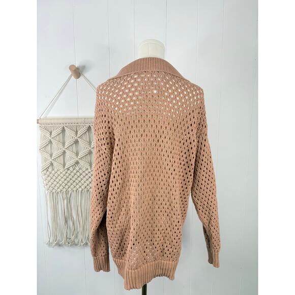 Aerie Tan Oversized Open Knit Polo Sweater Size Medium - Picture 7 of 10